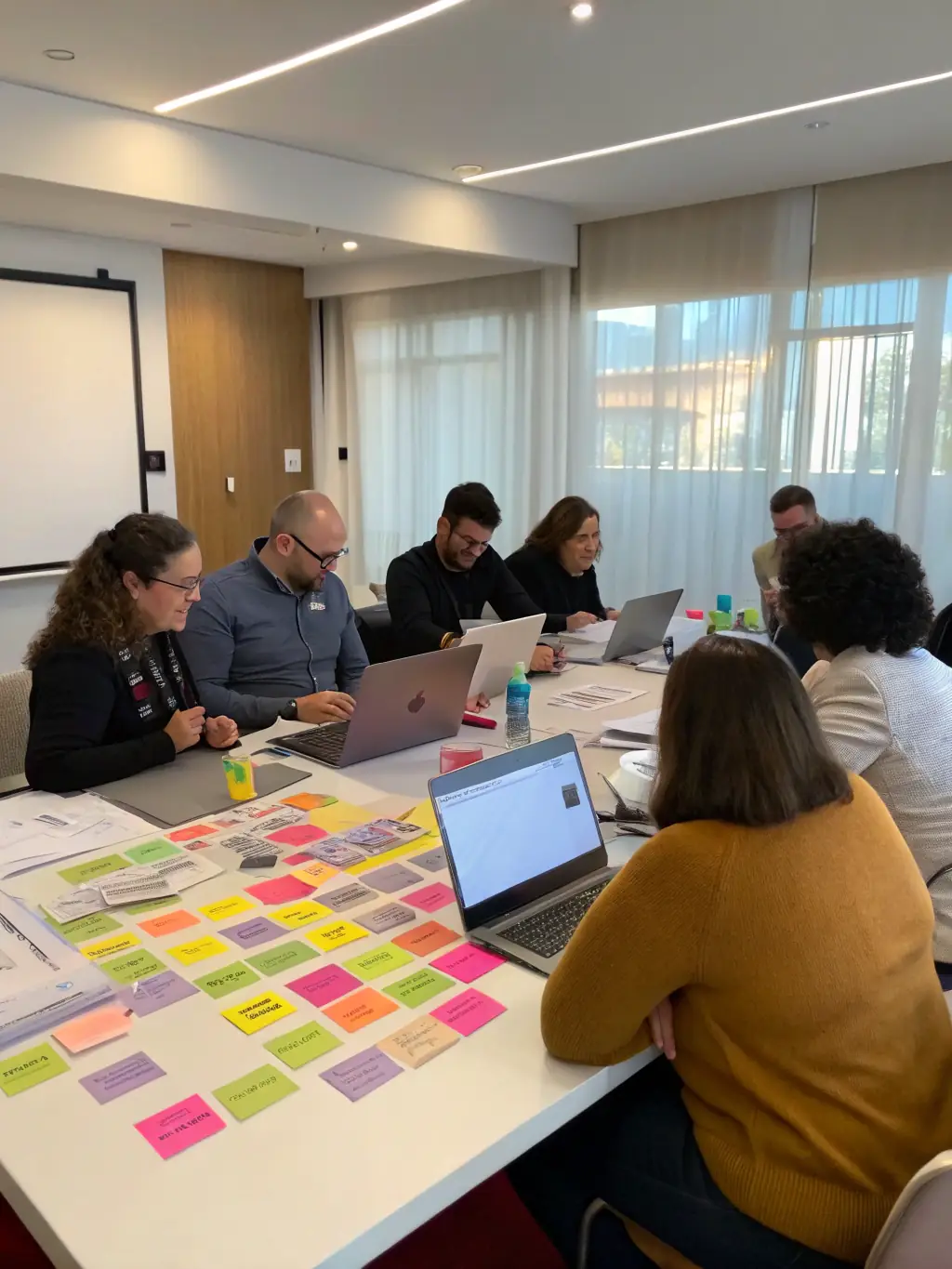 A candid shot of conference attendees actively participating in a workshop session, collaborating on a project management challenge, with facilitators guiding the discussion.