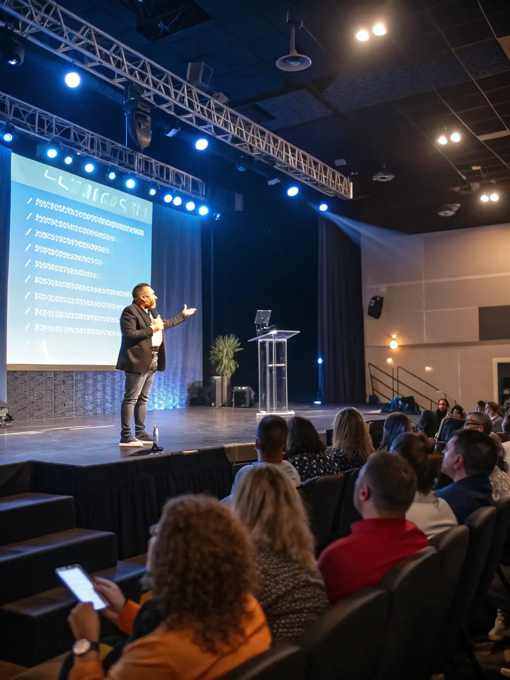 A photograph capturing a keynote speaker passionately addressing a large audience at the Annual Business Conference, with the submittermo.uno logo prominently displayed on the stage backdrop.