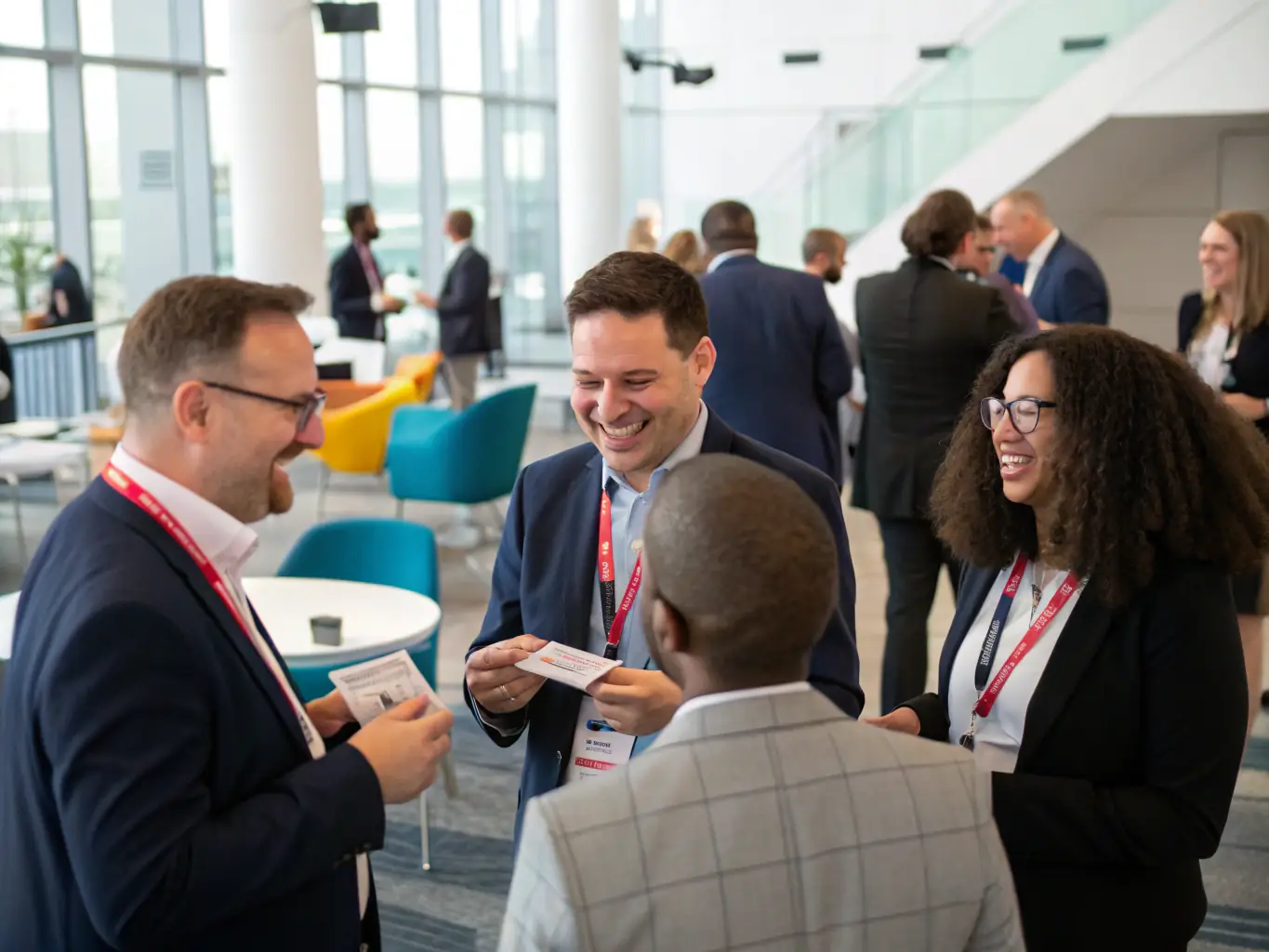 A photograph of a networking event at the conference, with attendees engaging in conversations and exchanging business cards. The image should convey a sense of connection and opportunity.